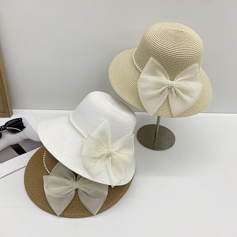 Sombrero de ala Ancha para Mujer,Plegable,de Paja,con Lazo de Perla,Ajustable,Ligero y Transpirable,para Playa,para Caminar,Pescar y Viajar