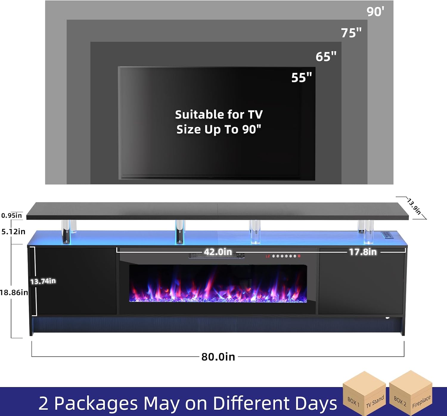 BREEZEHEAT 80 Inch Fireplace TV Stand with 42“ Electric Fireplace, 2 Tier TV Console Stand for TVs Up to 90" w/Outlet, Dual Led Lights Entertainment Center with Fireplace, for Living Room, Black
