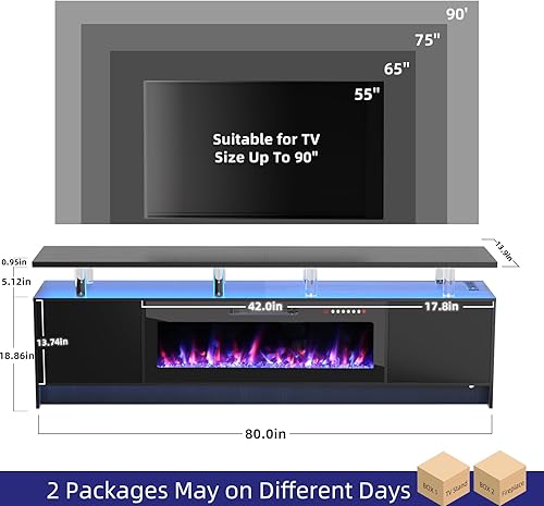 Miniatura 88 de BREEZEHEAT Soporte de TV eléctrico con chimenea de 36 pulgadas de hasta 80 pulgadas, centro de entretenimiento LED con puertas de alto brillo,