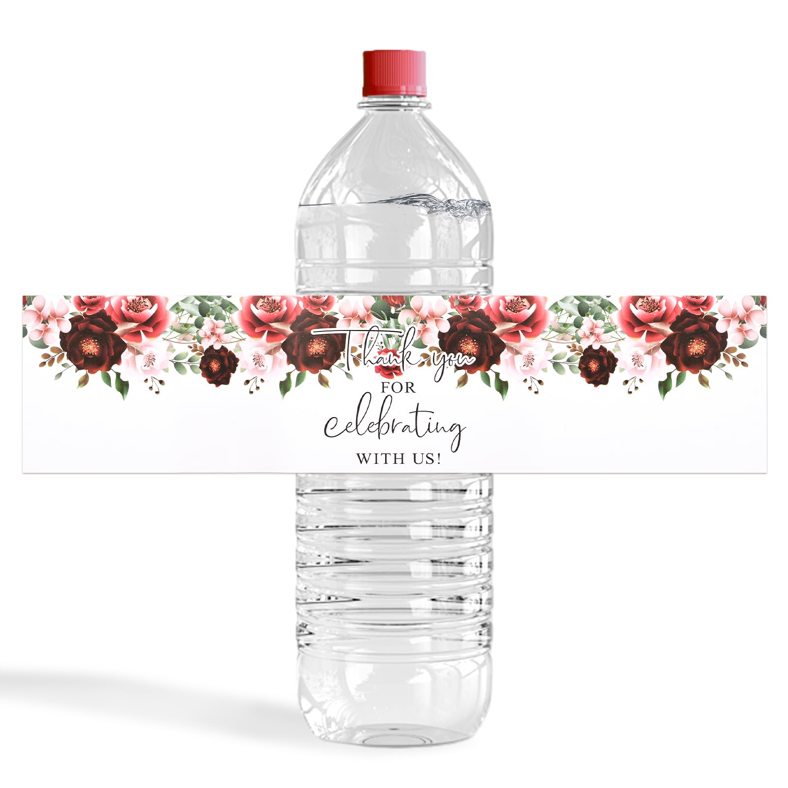 URROMA Wedding Bottle Labels - 50 Red Flower Wraps & Date Labels for Bridal Shower Party Drinking Bottles