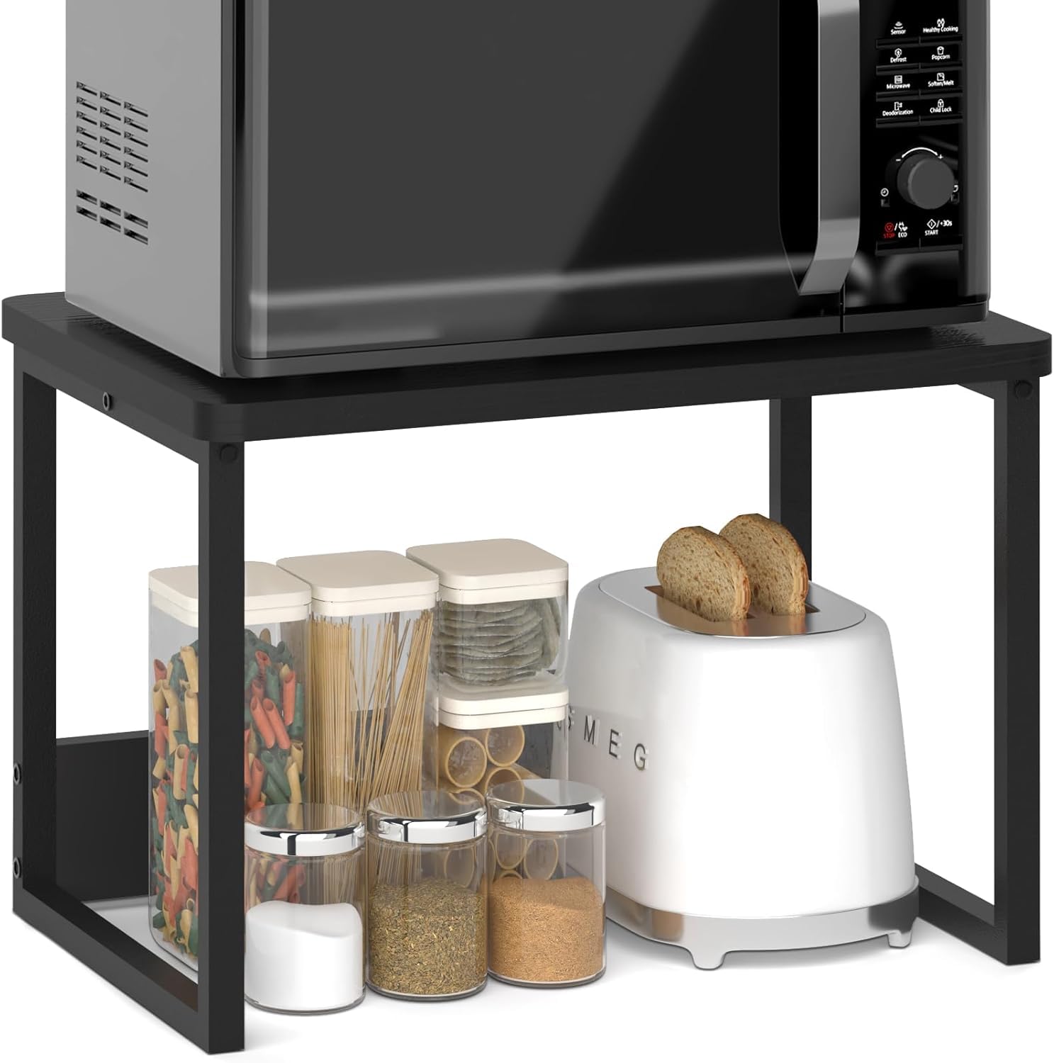 MTANK Kitchen Countertop Organizer Rack for Microwave, Toaster & Jars – Sturdy Wooden & Metal Frame Stand with Storage Shelf | Large Spice Rack Storage Counter Shelf–Black Microwave Stand | (Black)