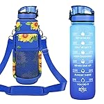 32 oz Water Bottles with Straw & Strap, Motivational Water Bottles with Times to Drink, BPA Free Reusable Sports Water Bottle with Sleeve Carrier for Hiking, Travel, Running or Fitness (Sunflowers)