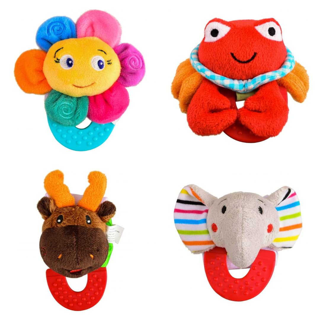 Wristy Buddy Pack of 4, Flower, Crab, Moose, & Elephant Combo Teether for Babies, 0-2.5yrs Baby Toys, Easy to Hold, Soft, Natural Organic Freezer Safe Teethers, Silicone BPA Free Baby Teething Toys