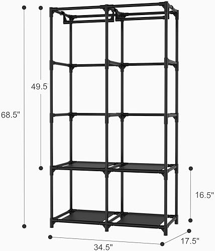 Miniatura 3 de Armario portátil para colgar ropa, armario portátil con tapa, 4 estantes de almacenamiento, 2 varillas para colgar y 8 bolsillos laterales, fácil de