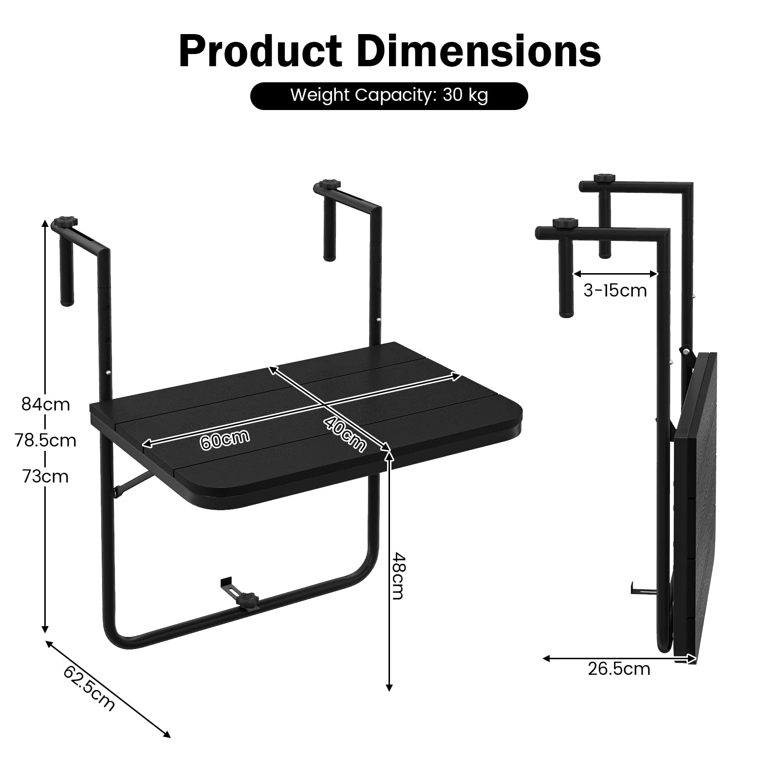 GIANTEX Mesa Plegable Colgante, Mesita de Balcón con Alturas Ajustables de 3 Niveles, Mesa Auxiliar con Dieseño Ahorro Espacio, Mesita Colgante 60 x 40 cm (Negro)