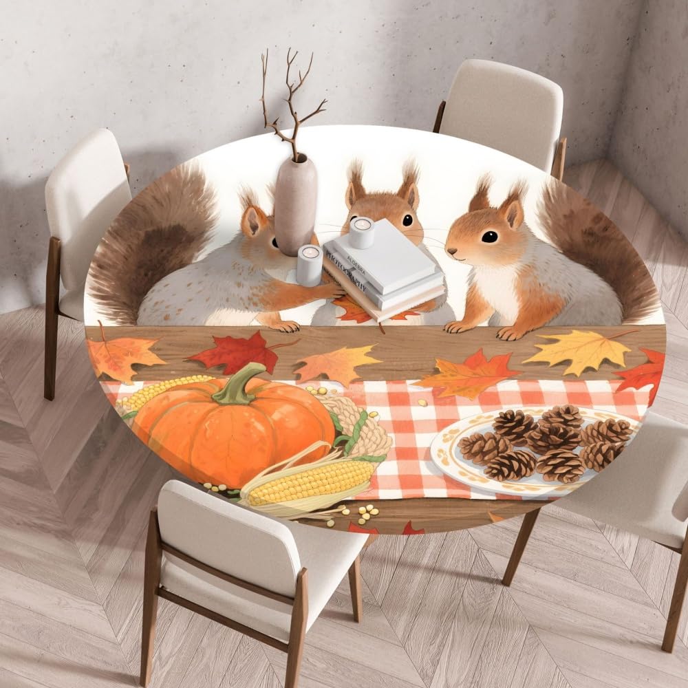 Odot Elastic Edged Round Fitted Tablecloth Autumn squirrels Protector Wipeable Circle Tablecloth, Table Cover Wipe Clean for Kitchen Dining Room Picnic Tabletop (Maple Pumpkin 7,130cm)