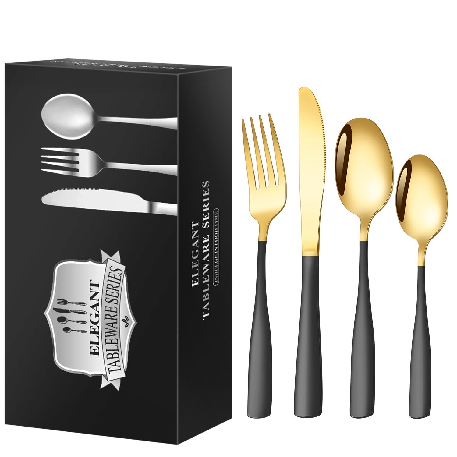 OLSKFUH Cutlery Flatware Cutlery Set, 60-Piece Set Of Stainless Steel Square Handle Cutlery Knife, Fork And Spoon 15 Servings Hotel Home Steak Cutlery,Black/Gold