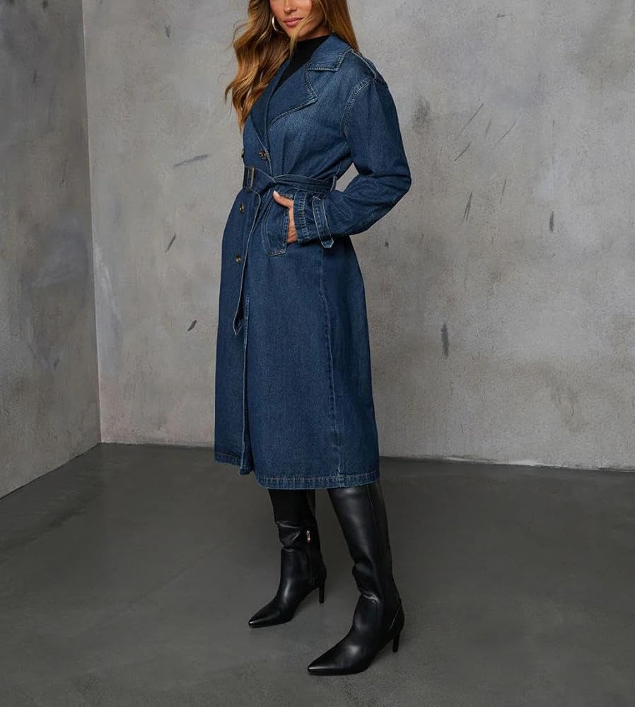 yoeasy Women's Vintage Notched Collar Denim Trench Coat