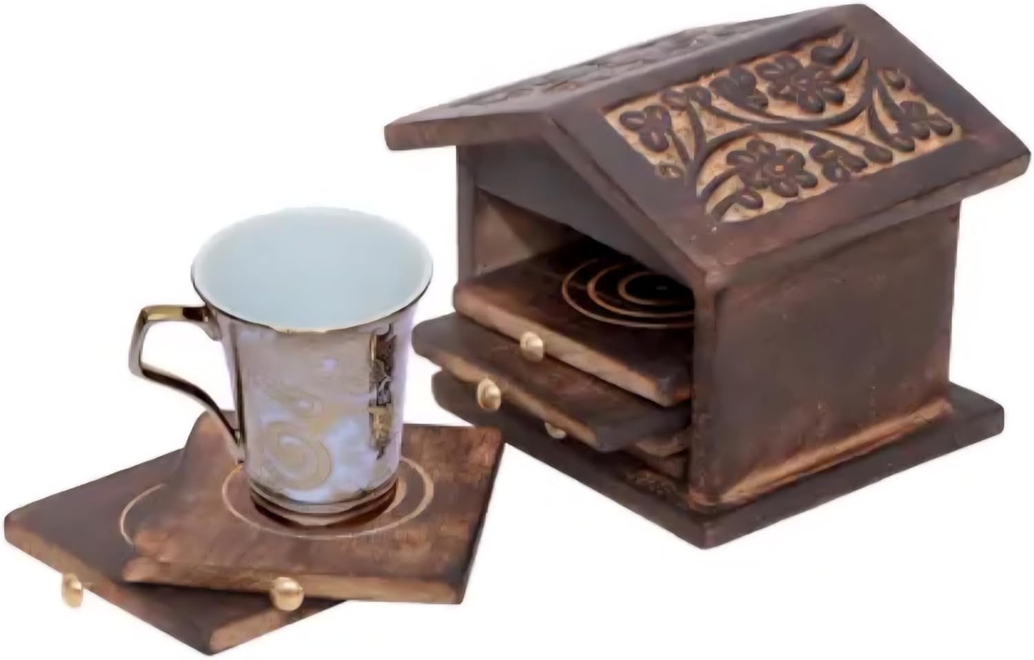 Wooden Coaster Set with House-Shaped Holder, Brown, Carved Floral Design, 6 Piece