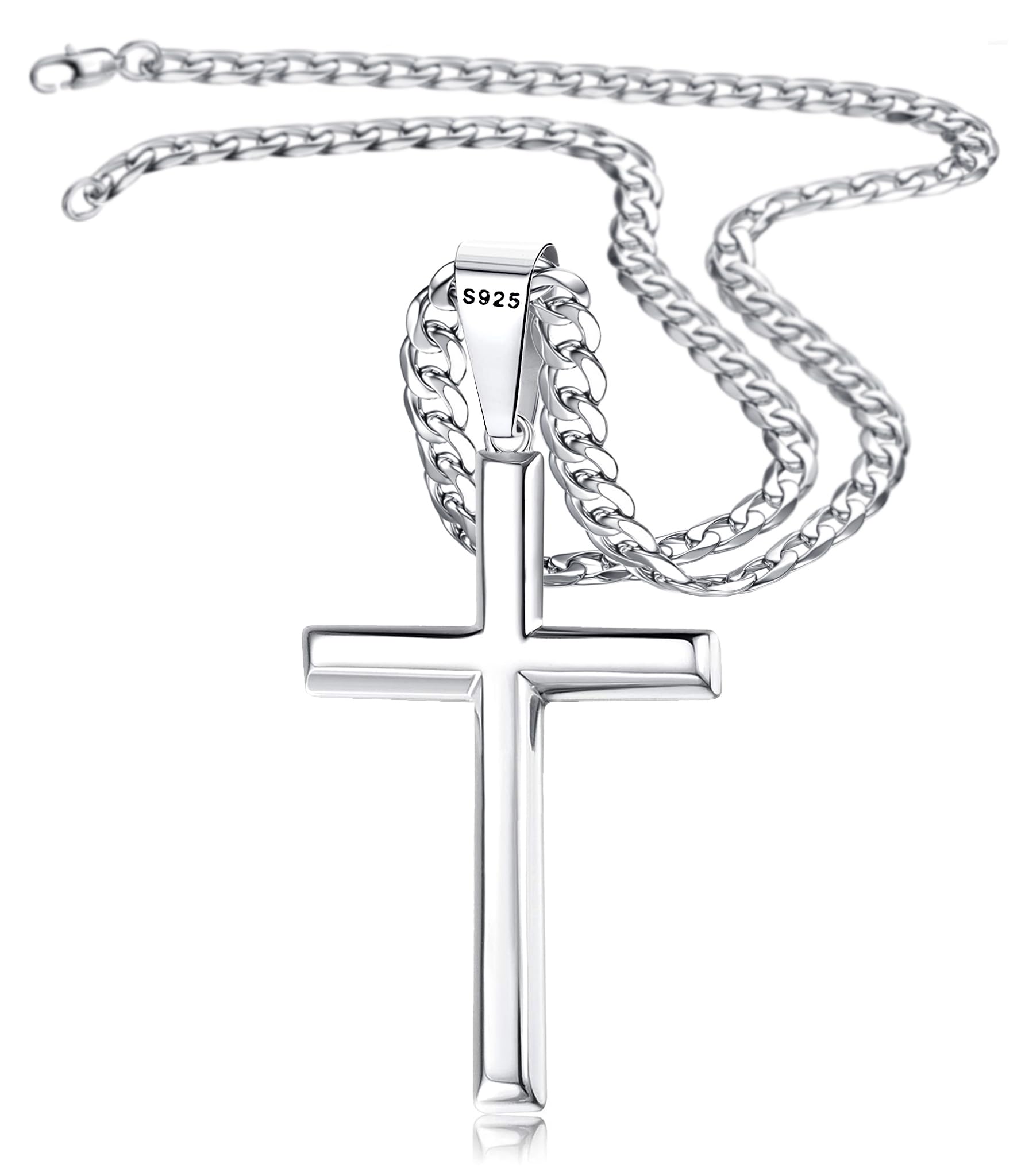 Besteel 925 Sterling Silver Cross Necklace Beveled Edge for Men Women 5mm Stainless Steel Non Tarnish Durable Cuban Link Curb Chain Crucifix Pendant Necklace Jewelry 16-30 Inches Stocking Stuffers Christmas Christian Baptism Gifts