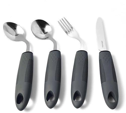 Generic Juego de utensilios adaptativos, mango integrado en ángulo de 45 grados, cubiertos con peso para ancianos, Parkinson, artritis, 4 piezas