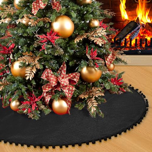 SevenFish Christmas Tree Skirt, Black Christmas Tree Skirt 30 inches Soft Double Layer Burlap Tree Skirt with Pom Pom for Rustic Christmas Halloween Decorations