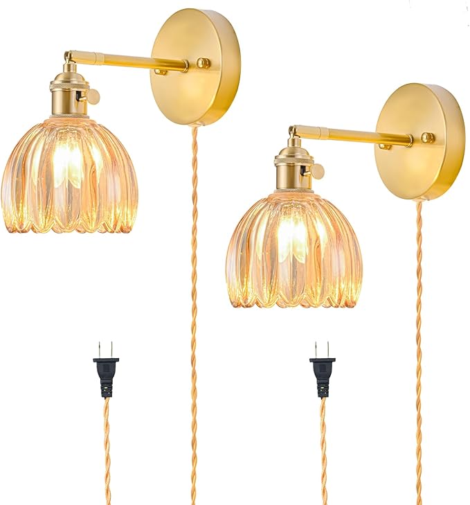 LINSEEDS Plug in Wall Sconces Set of 2, Vintage Wall Sconce Light with Tulip Amber Glass Lampshade, Bedroom Wall Sconce with Switch and Plug in Wall lamp Cord, Gold Wall Light Wall Decor Set of 2