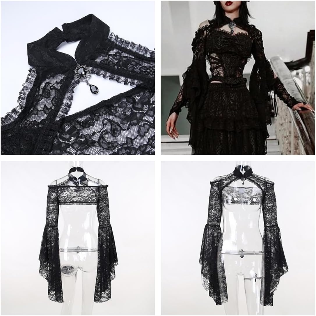 Women's Black Mesh Button Punk Lace Cropped Bolero Shrug Y2K Goth Grunge - Image 4