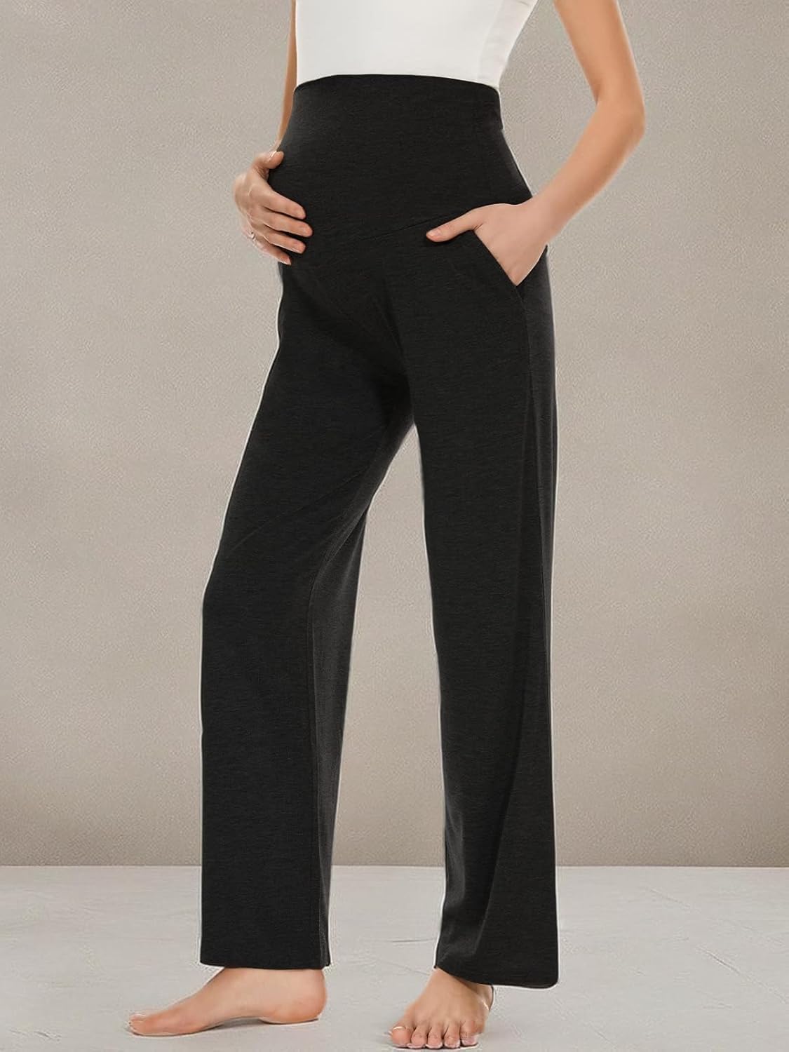 Ecavus Women's Maternity Wide/Straight Versatile Comfy Palazzo Lounge Pants Stretch Pregnancy Trousers with Pockets - Image 7