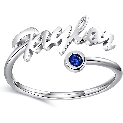 LONAGO Personalized Sterling Silver One Two Name Ring with Simulated Birthstone Custom Nameplate Initial Stackable Ring Jewelry Gift for Mom Women