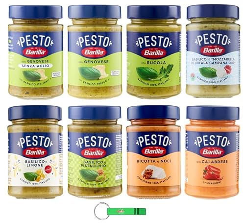 Barilla Pesto Testpaket 24 x 190g | Glutenfreie Pasta-Sauce 8 Verschiedene Pesto-Sorten + Beni Culinari Kostenloser Schlüsselanhänger