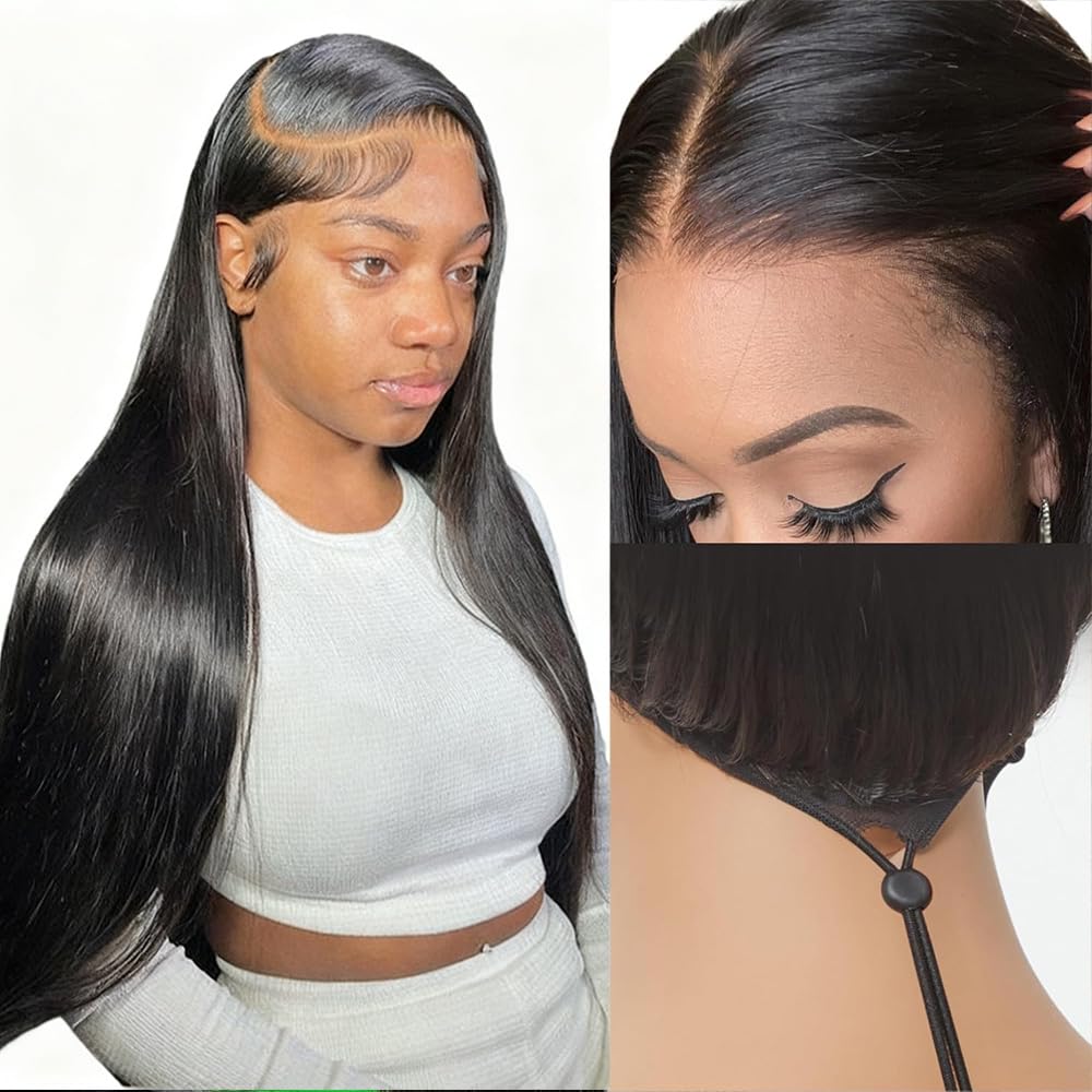 Upgraded Hidden Strap 13x6 Lace Frontal Wigs Human Hair Wear and Go Glueless Wig 18 Inch Straight HD Pre Cut Lace Front Wig 180% Density with Drawstring Secured Fit Bleached Knots Pre Plucked Hairline