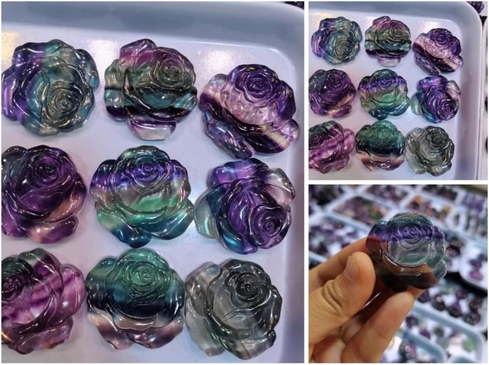 装飾用の宝石 天然紫色の緑色の蛍石のバラの花の形の手彫りのクリスタルの花の石の癒しの装飾自然石と鉱物 結晶
