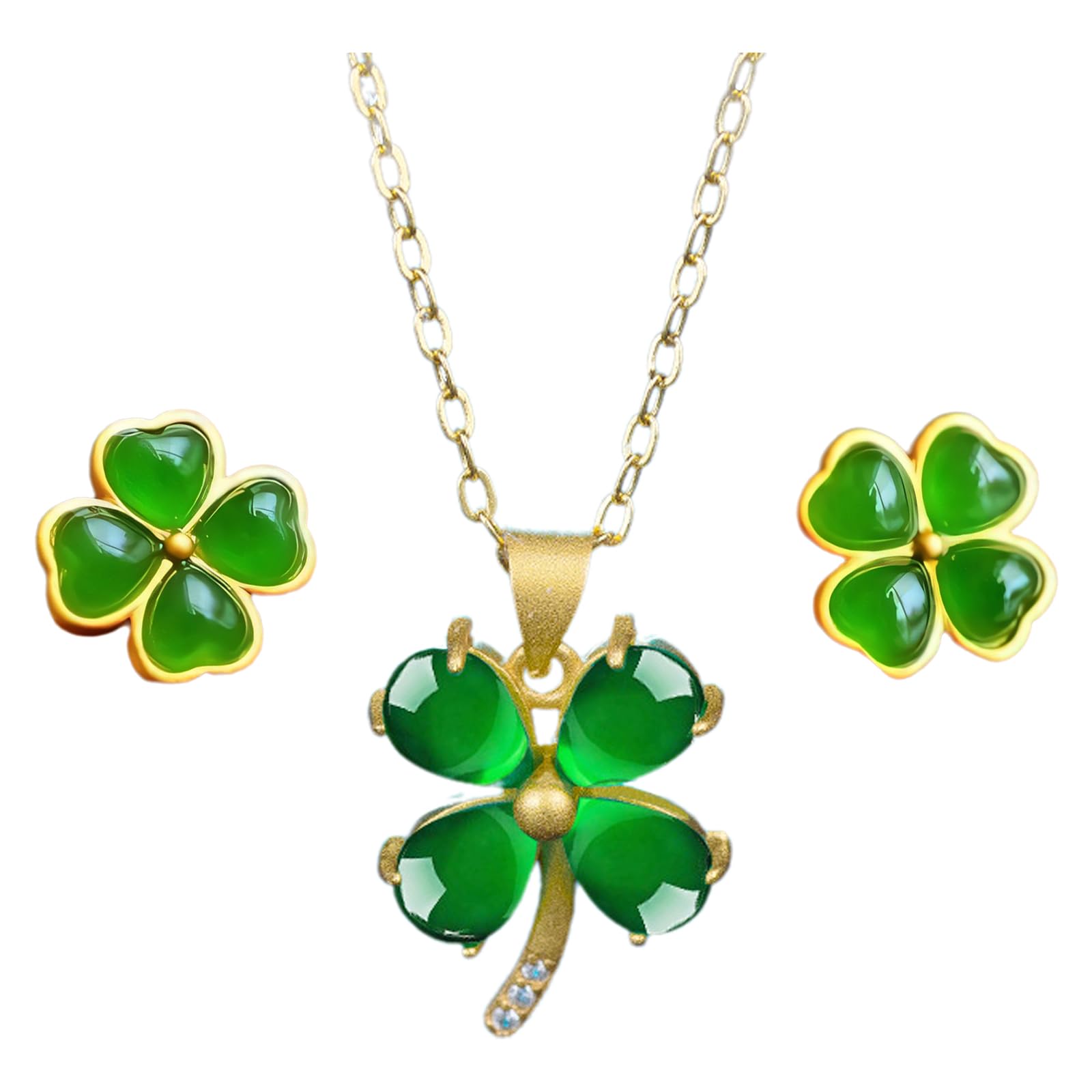 Green Necklace Earrings Set - 3 PCS Women Lucky clover Pendant Personalized Gold Plated Necklace Emerald Earrings Jewelry for Valentine's Day Nice Jewelry Gift for Mom Wife Friends