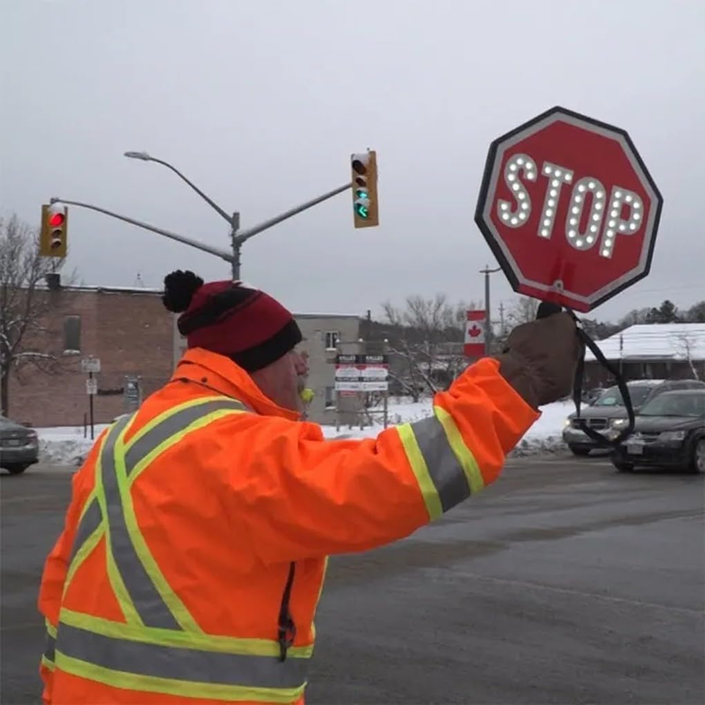 Handheld Stop - Stop Paddle Sign with Handle, Double-Sided Reflective Aluminum Sign, Steady/Flashing LED Light Modes, Rechargeable, for Road School Crossing