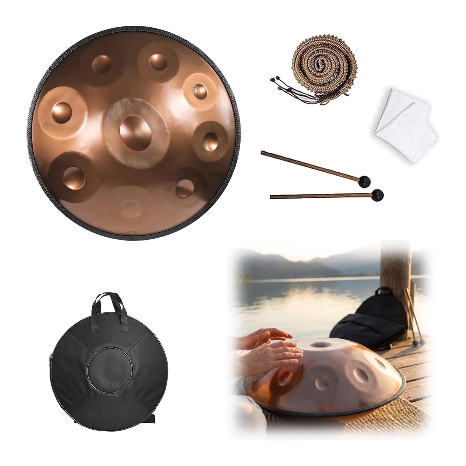 22 Inches (55 cm) Handpan Drum Instrument, 9/10/12 Notas 432/440 Hz Tambor Handpan en D Menor con Mazos para Terapia de Sonido, Yoga, Meditación Personal(Oro,432HZ/12Note)