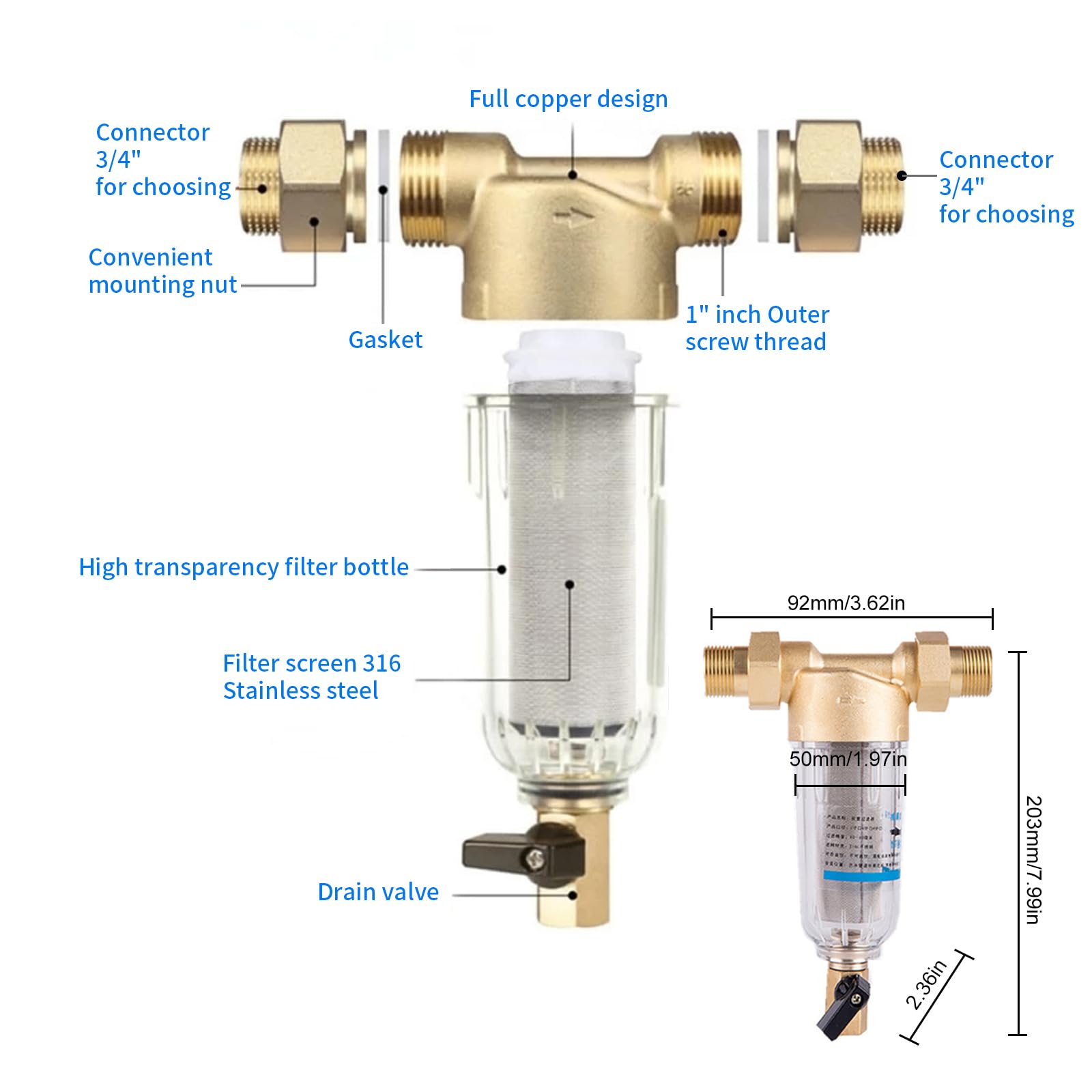 Rückspülfilter Wasserfilter, Wasser Vorfilter Sedimentfilter, 100μm Wiederverwendbare Spin-Down-Sedimentwasserfilter, Ausspülbarer Feinfilter für Brunnenwasserschlauch (1" - 3/4")