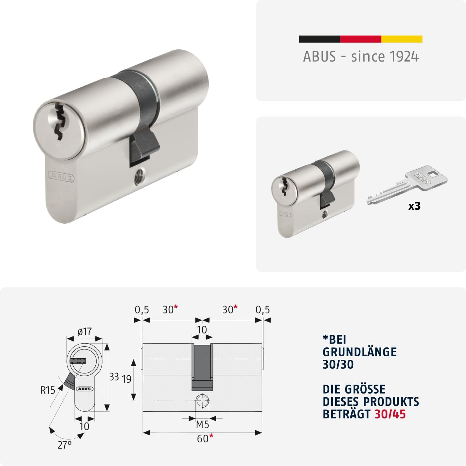ABUS E20NP 597893 Profile Cylinder Lock with 3 Keys 30/45 mm