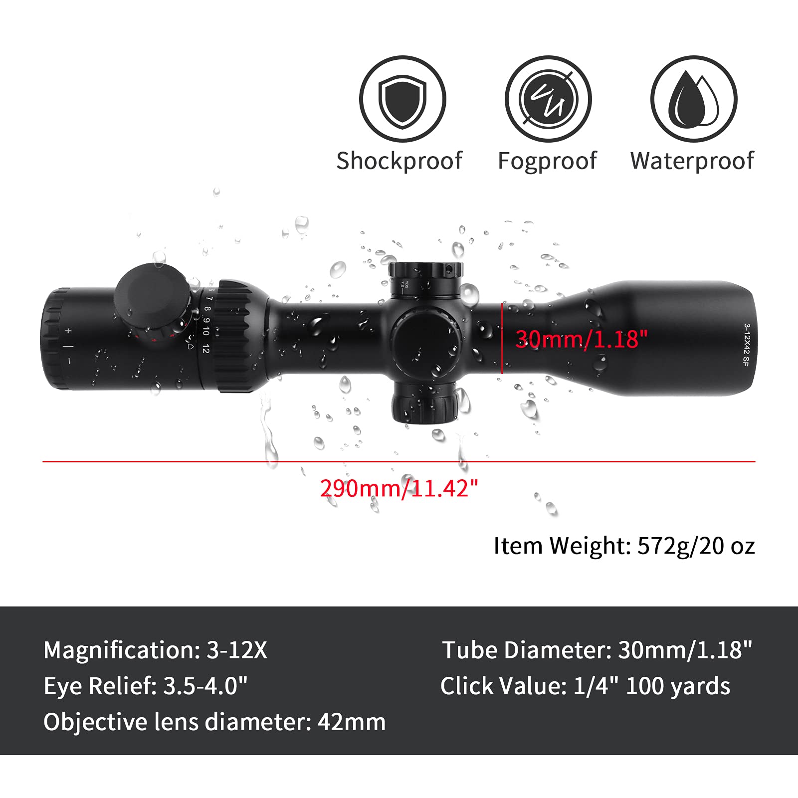 3-12X42SF Cannocchiale da cecchino Tactical Sniper Scope Green Coating 1/4 MOA Mid-Range con Supporti per Guida Picatinny da 20 mm e 11 mm per Sport all'Aria Aperta