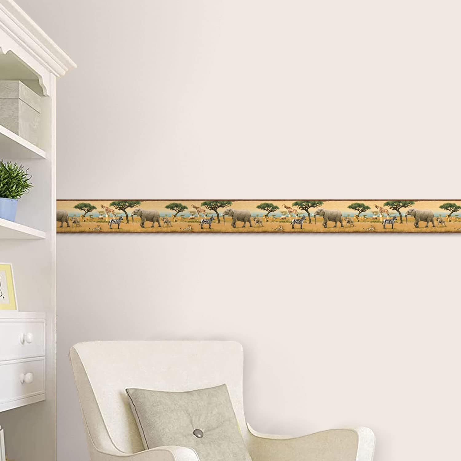 CONCORD WALLCOVERINGS ™ Wallpaper Border Animal Pattern Savannah Zebra Lion Leopard Elephant for Living Room Bedroom Beach House Cottage, Brown Green Gray, 15 ft by 7.8 in 5815165