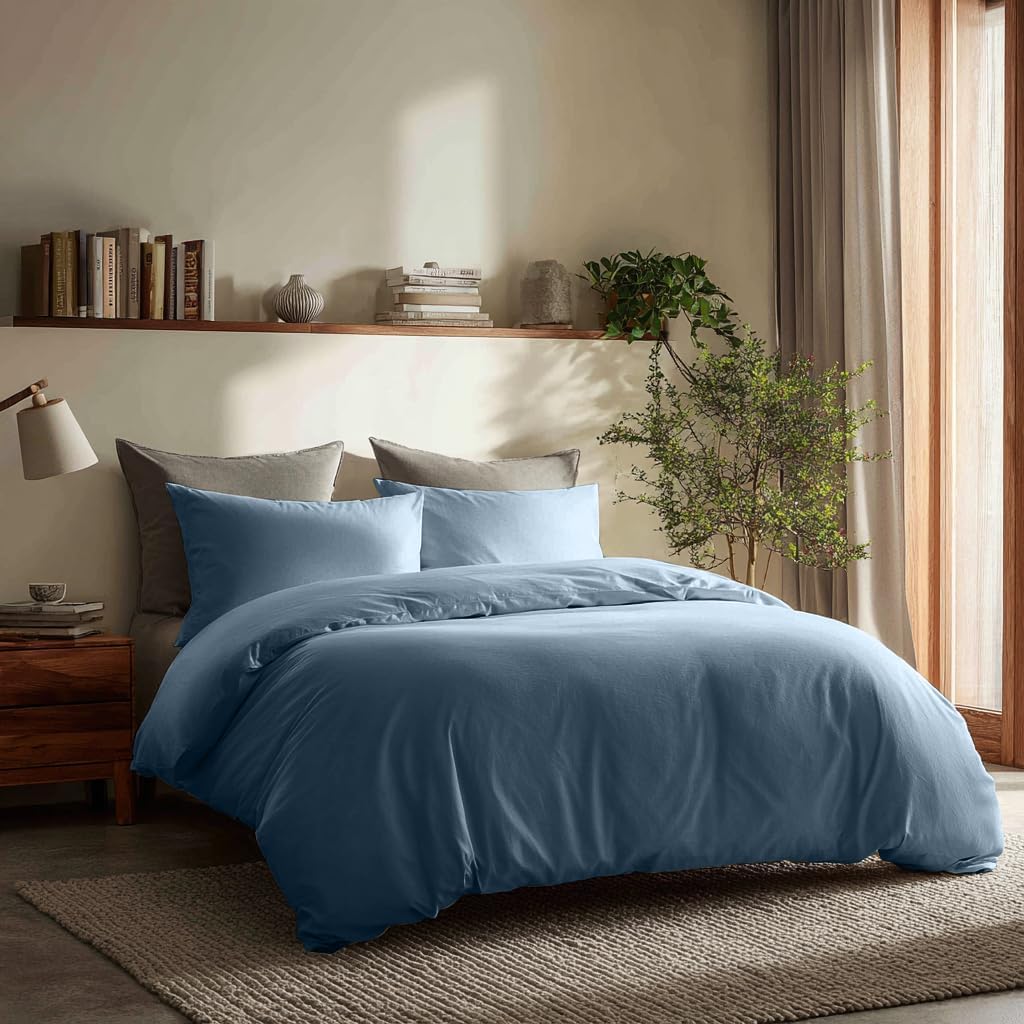 Duvet Cover Set – Lightweight & Breathable 100% Cotton Single-Layer Fabric, Tie Closure Duvet Cover + 2 Pillowcases, Machine Washable, 6 Colors,No Duvet Insert Included (Navy, Twin)