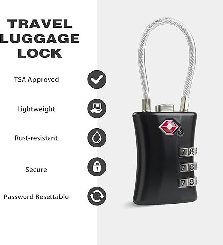 Miniatura 3 de Candados TSA para equipaje, candado de combinación pequeña, cerraduras de equipaje aprobadas por la TSA, combinación de candado con cable, para