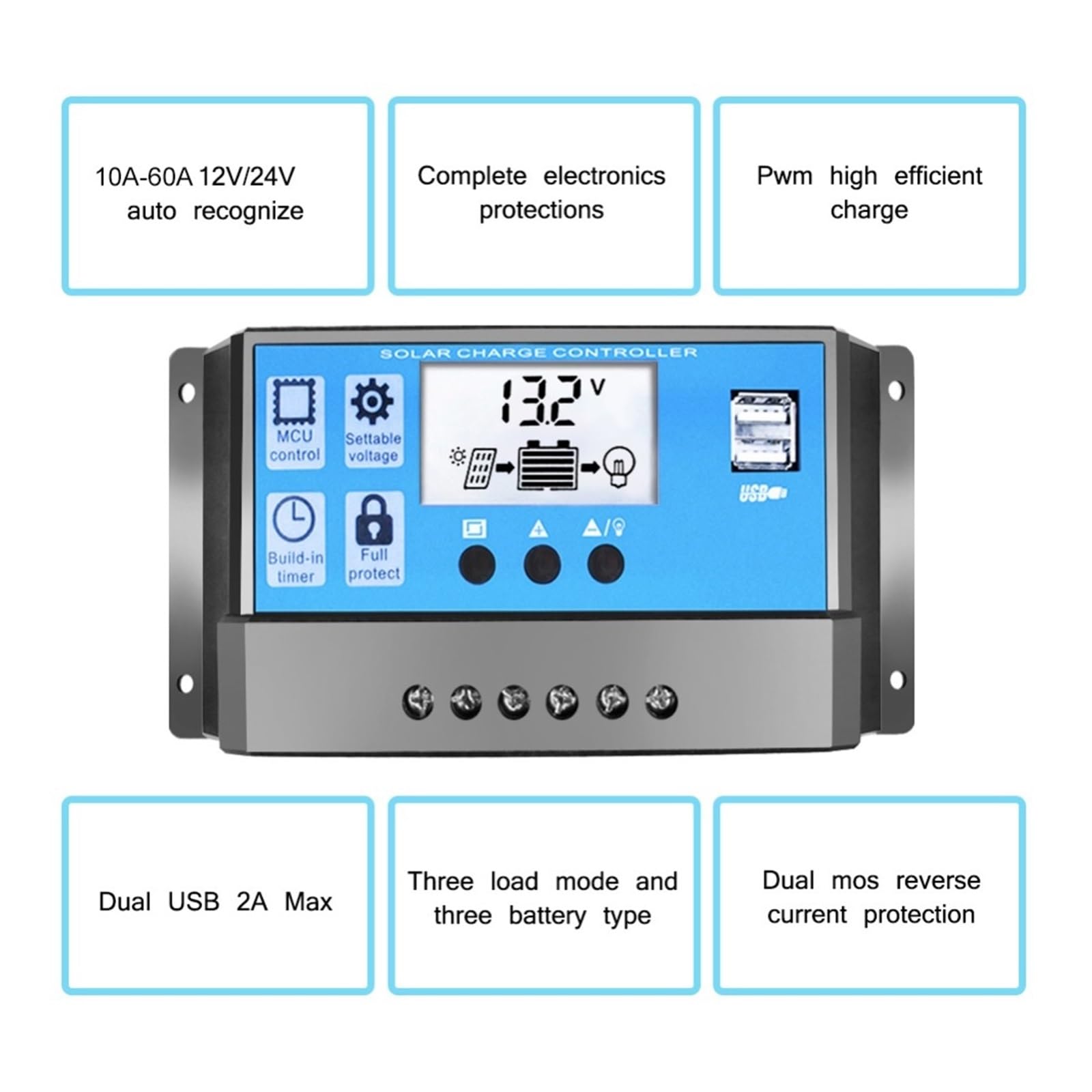 Regolatore Di Carica Solare PWM 60A 50A 40A 30A 20A 10A MPPT Automatico Batteria 12V/24V Con Doppio Schermo USB 5V E LCD(60A)