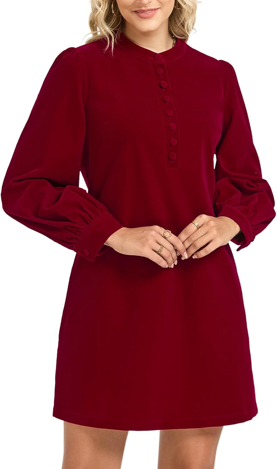 Women Fall Velvet Dress Long Puff Sleeve Button Up Shift Dress Wedding Guest Holiday Party Cocktail Mini Dresses