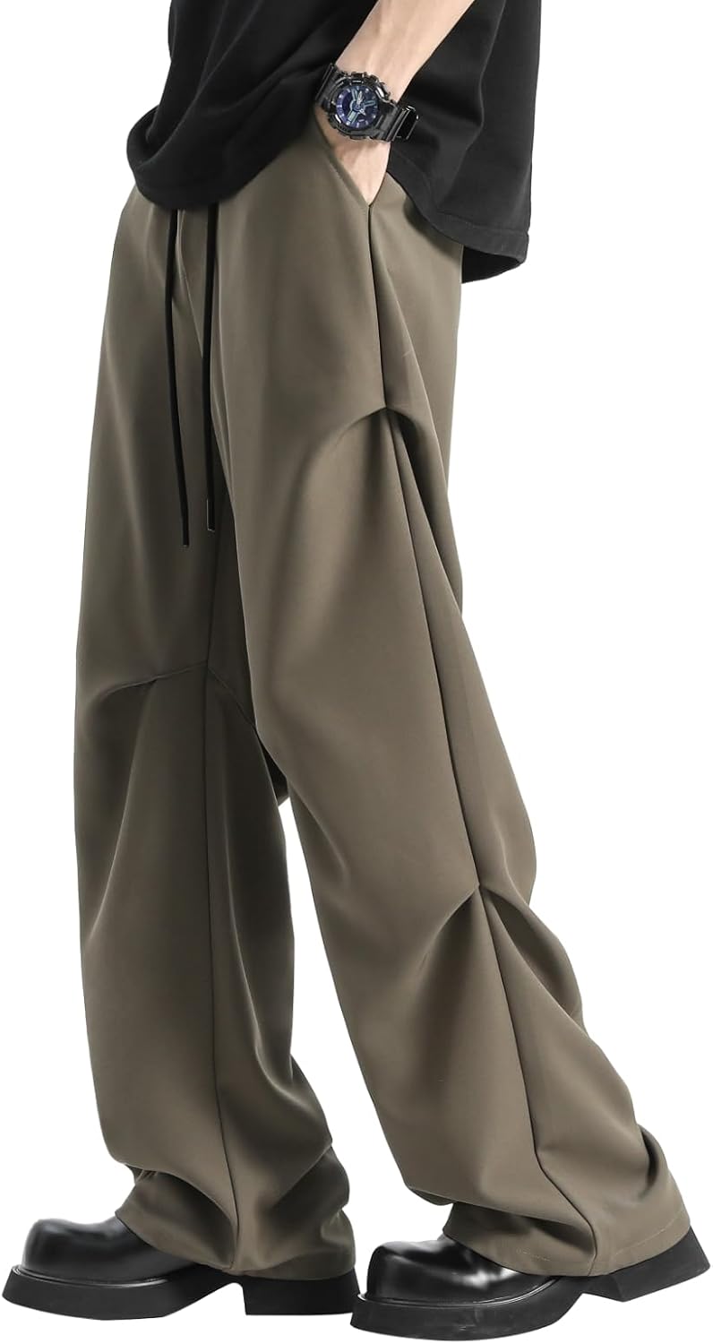 Silent Vortex Men's Teen Y2k Baggy Wide Leg Dress Pants Pleated Loose Fit Straight Leg Drawstring Sweatpants with Pocket Small Brown