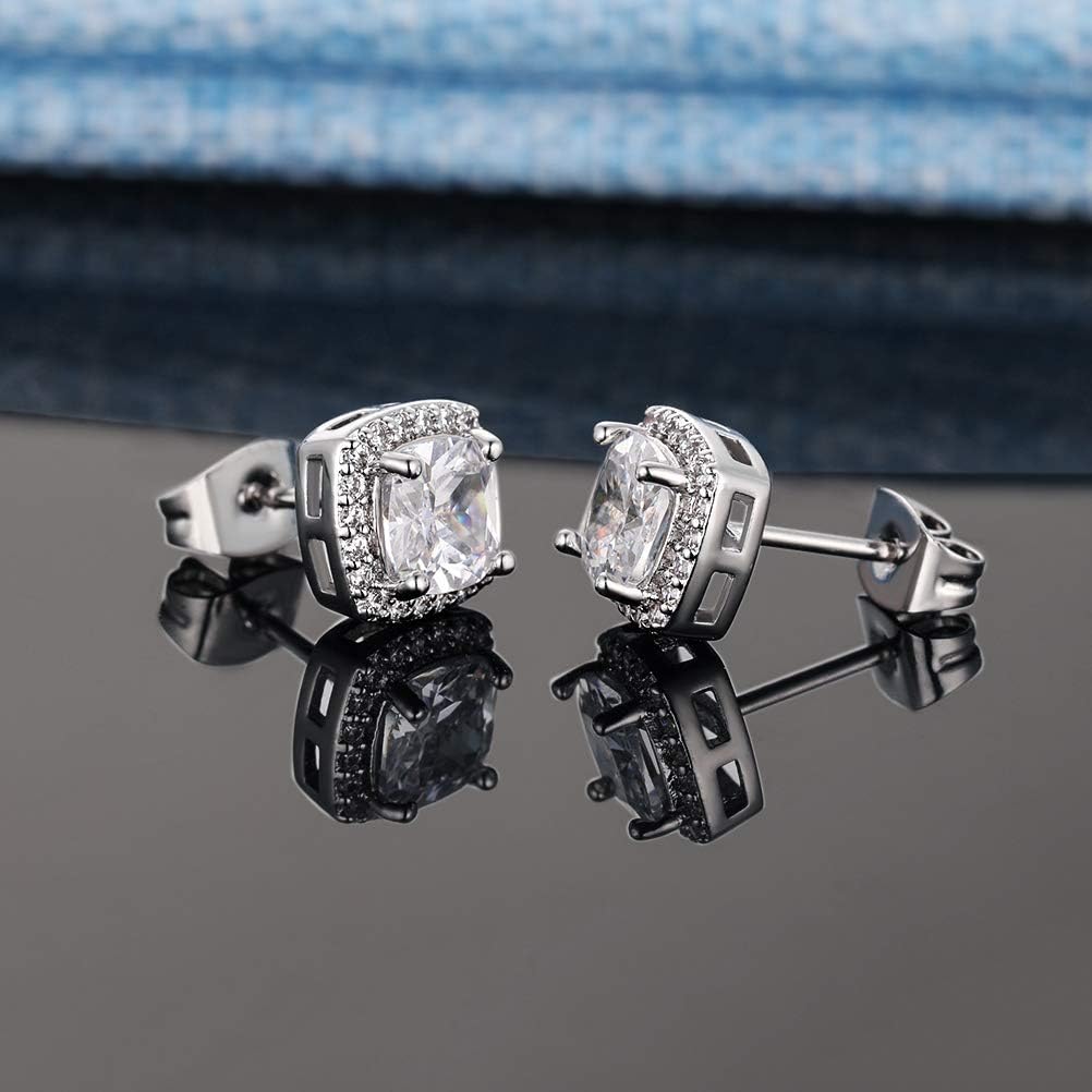 Gold Silver Stainless Steel Stud Earrings Sets For Women, Mens Hypoallergenic Big Square Diamond Cz Halo Earrings Piercing Jewelry For Sensitive Ears