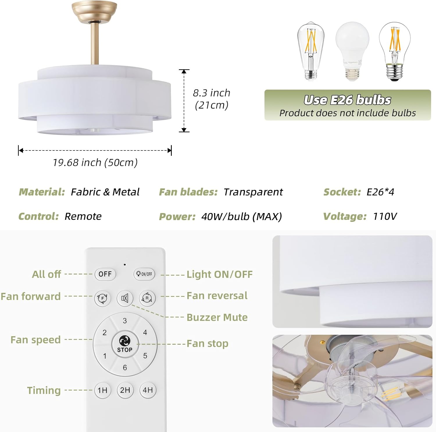 20" Fandelier Ceiling Fans with Lights, White Caged Boho Ceiling Fan with Light Remote Control, Mid-Century Modern with 6 Speeds for Bedroom, Nursery, Living Room