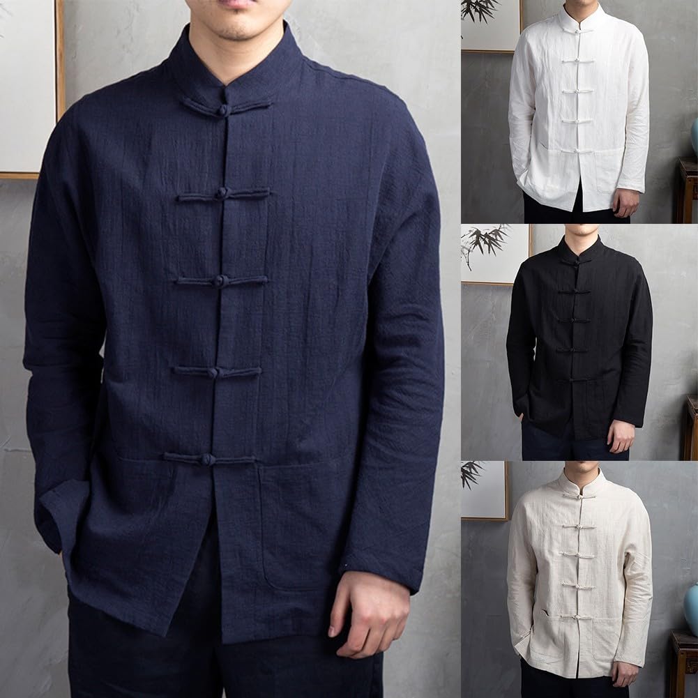 Veste chinoise de Kung Fu Tai Chi pour hommes, costume traditionnel en coton et polyester, manches longues, fermeture à boutons, col montant