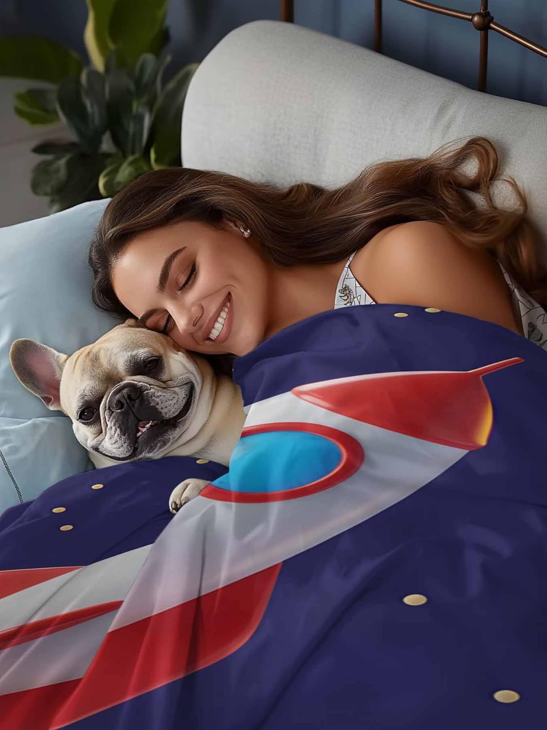 Cartoon Rocket Twin Sheets - Hotel Quality Twin Flat Sheet Only 1 Pack, Funny Space Planet Blue Starry Sky Cloudy Soft Bed Sheet Brushed Microfiber Bedding Top Sheets for Home Dorm