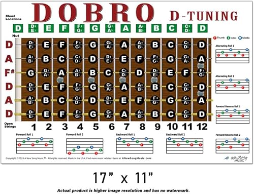 Miniatura 2 de Dobro Open D Tuning Resonator Guitarra Diapasón Notas y Rollos Cuadro - Principiantes e Intermedios Instructivos Fácil Póster Acordes 11x17 | A New