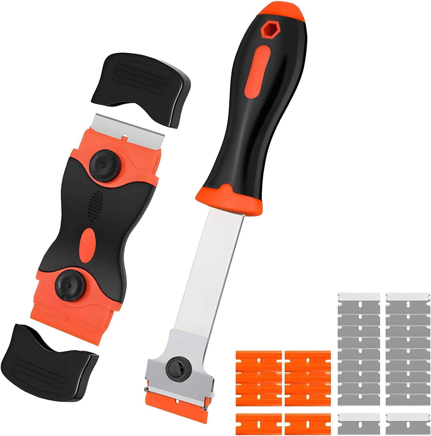 2 PCS Razor Blade Scraper, Razor Scraper Tool with Extra Metal and Plastic Blades, Cleaning Scraper Kit for Removing Label Grease Tint Registration Sticker, Car Accessories (Orange+Orange)