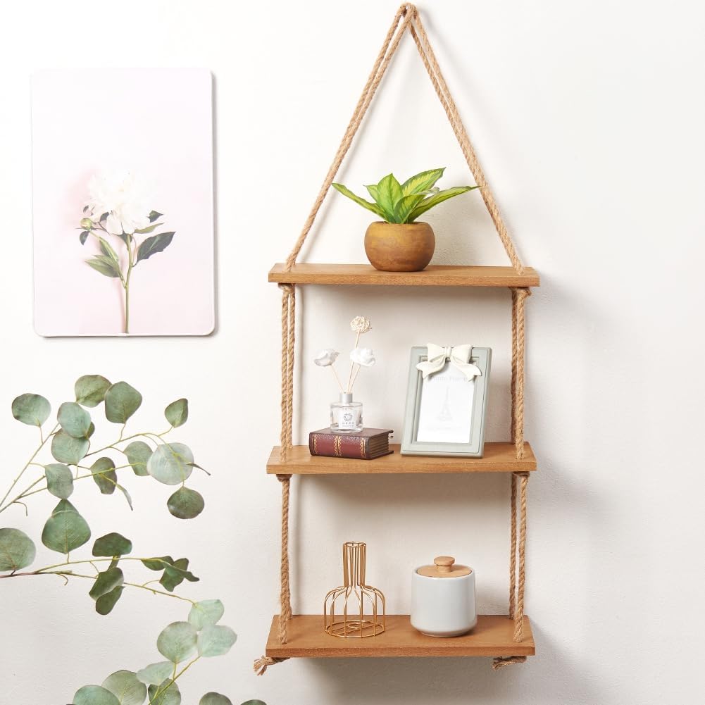 SAND MINE 3 Tier Wood Hanging Shelf, Floating Wall Swing