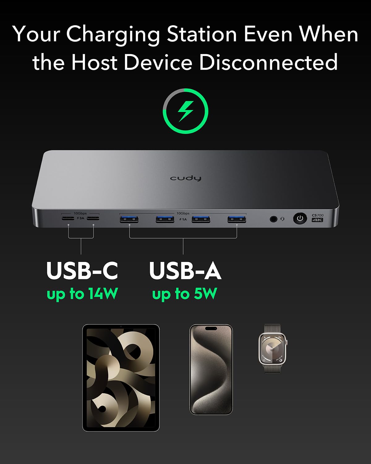 Cudy CS700 stacja dokująca USB 3.2 Gen 2 Dual 4K 60 Hz, 2 HDMI 10 Gbit/s USB-C, Gigabit RJ45, 100 W PD, zasilacz 150 W, DisplayLink