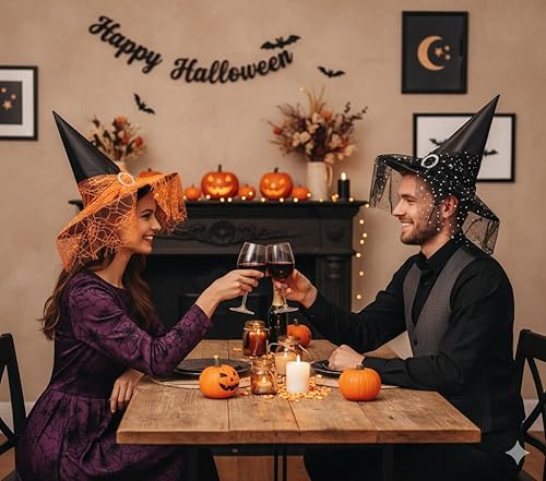 Miniatura 6 de Giga Gud 4 sombreros de bruja de Halloween, sombrero de bruja vintage de Halloween, velos de encaje transparente, sombreros impresos, suministros de