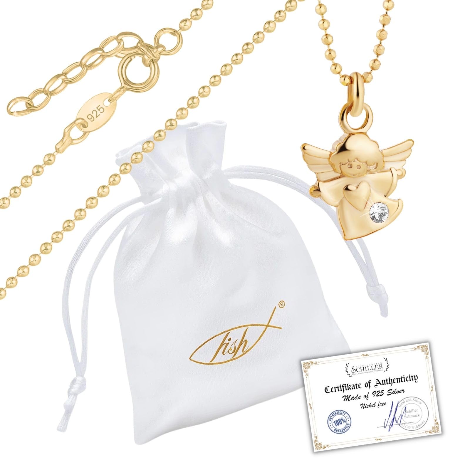 fish Kinderkette Mit Engel Anhänger Und Klaren Kristallen In Gold Optik