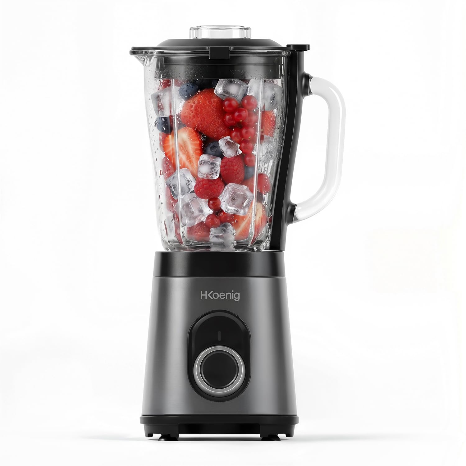 H.Koenig Mixeur MXK36 1,5L 550W, Blender Puissant avec Fonction Glace Pilée, Bol en Verre Gradué, 2 Vitesses + Pulse, Corps en Acier Inoxydable, Verrouillage de Sécurité, Pieds Antidérapants, Noir