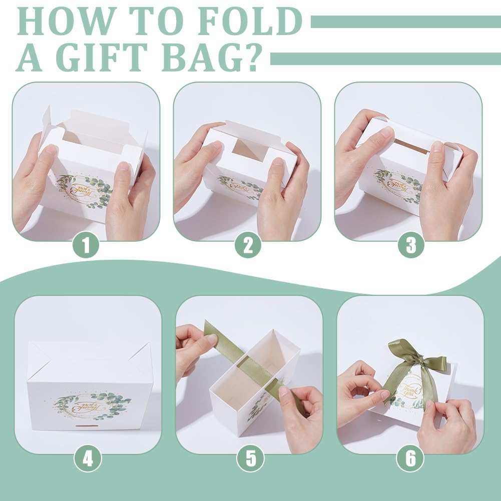FREEBLOSS 100 Packung Kleine Gastgeschenktüten Mit Grüner Schleife Und Eukalyptusblättern Ideal als Gastgeschenk Für Hochzeiten Geburtstage Babypartys Oder als Mitbringsel (4.5" x 1.8" x 3.9" cm).