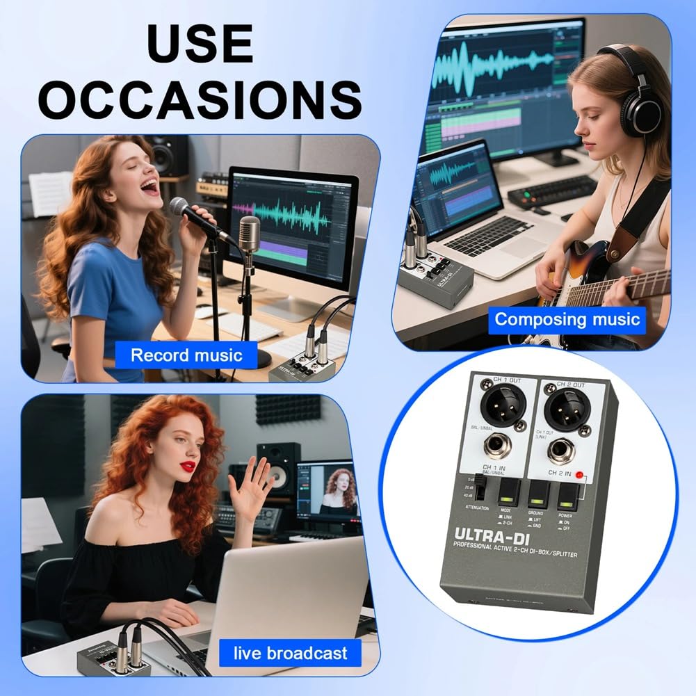 Caja DI de Audio de 2 Canales para Guitarra con Interferencias de Alta Frecuencia para Escenario con Aislamiento de Audio.