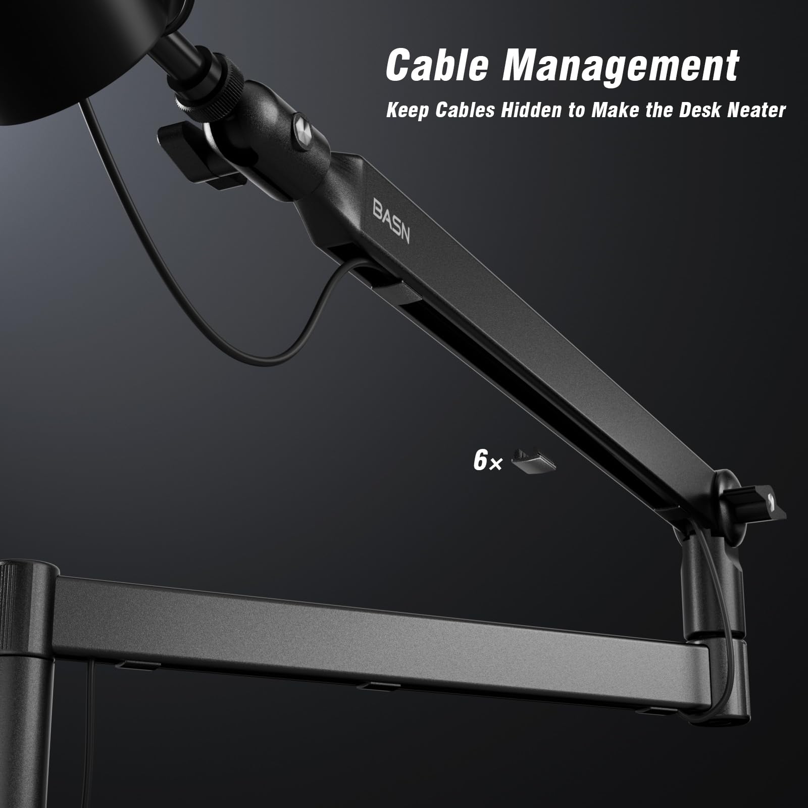 BASN Low Profile Mic Arm, Mikrofon-Galgenarm Ständer mit Tischklemme, drehbares und verstaubares Design, Kabelmanagementk, 3/8 Zoll auf 5/8 Zoll Gewindeadapter für Podcast, Gaming, Streaming