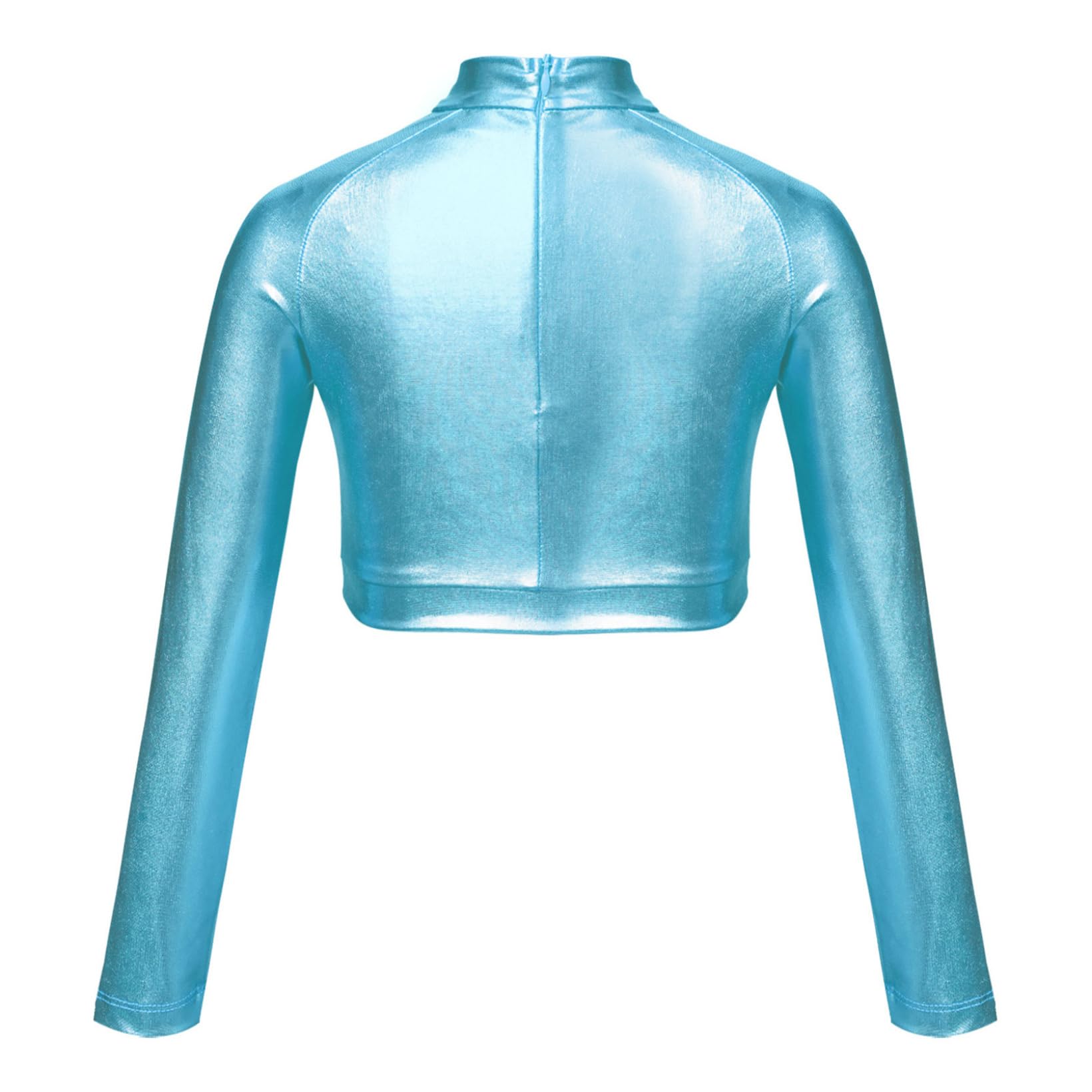 JanJean Girls Metallic Long Sleeve Dance Crop Tops Kids Mock Neck Athletic Tops Hip Hop Jazz Gymnastics Ballet Dancewear Turquoise 8 Years